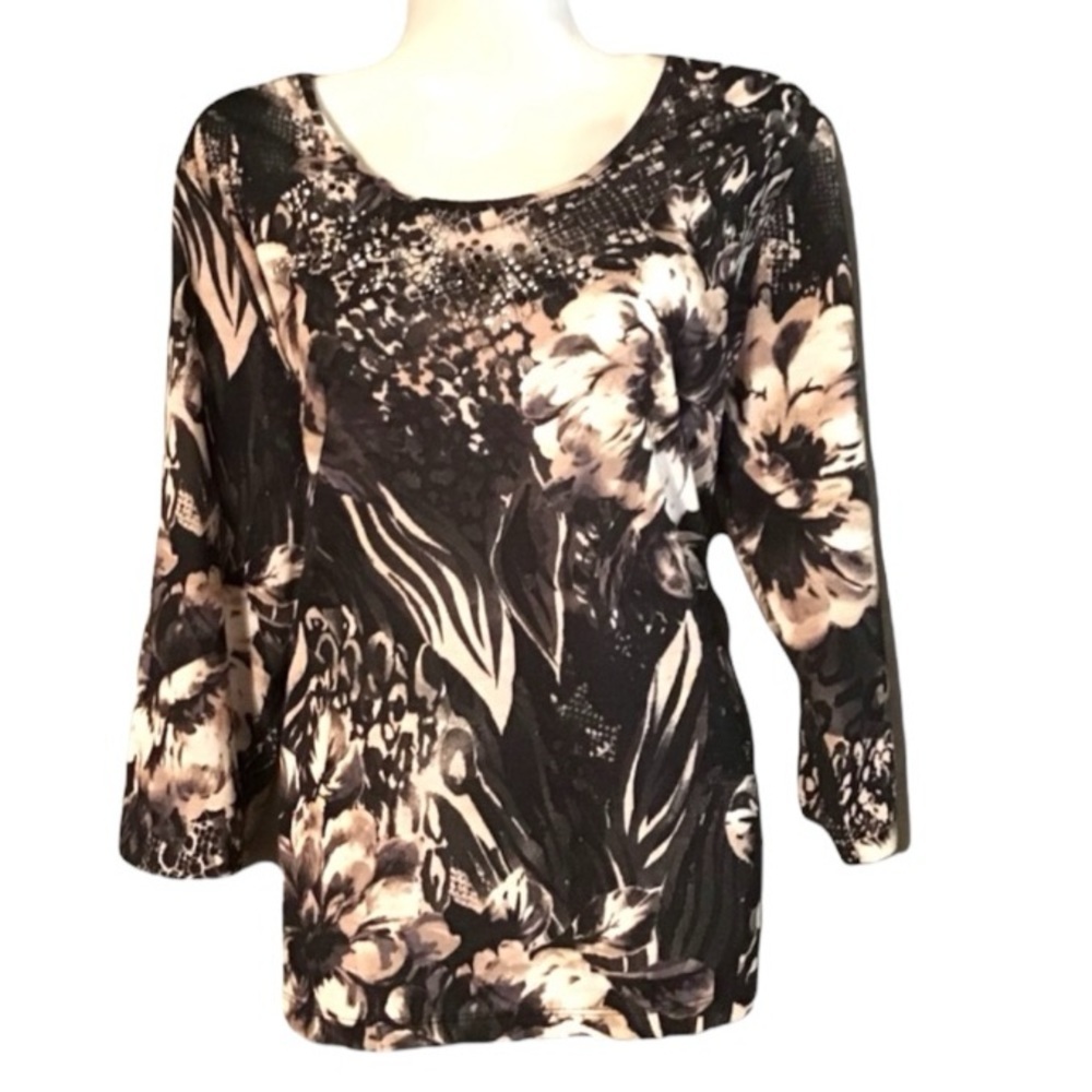 White Stag Cream Tan & Brown Floral Print Studs Neck with 2/3 Sleeve Shirt